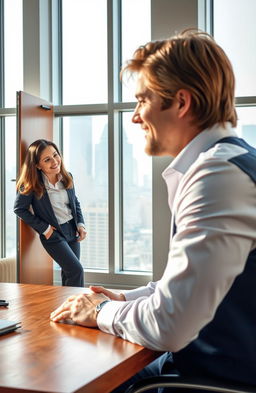 A romantic office scene depicting a confident, middle-aged boss, a woman with medium-length brunette hair, wearing a stylish navy blue suit
