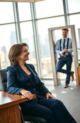 A romantic office scene depicting a confident, middle-aged boss, a woman with medium-length brunette hair, wearing a stylish navy blue suit