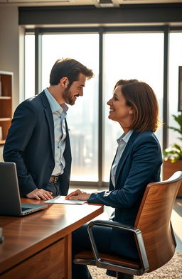 A romantic office scene depicting a confident, middle-aged boss, a woman with medium-length brunette hair, wearing a stylish navy blue suit