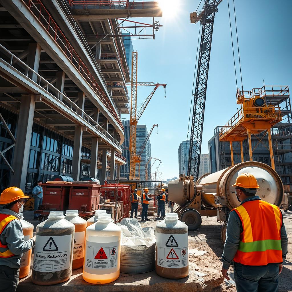 A detailed 4K image of a bustling construction site with various infrastructure elements, showcasing applied chemistry in action