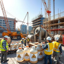 A detailed 4K image of a bustling construction site with various infrastructure elements, showcasing applied chemistry in action