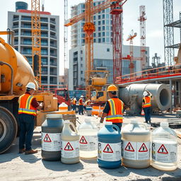 A detailed 4K image of a bustling construction site with various infrastructure elements, showcasing applied chemistry in action