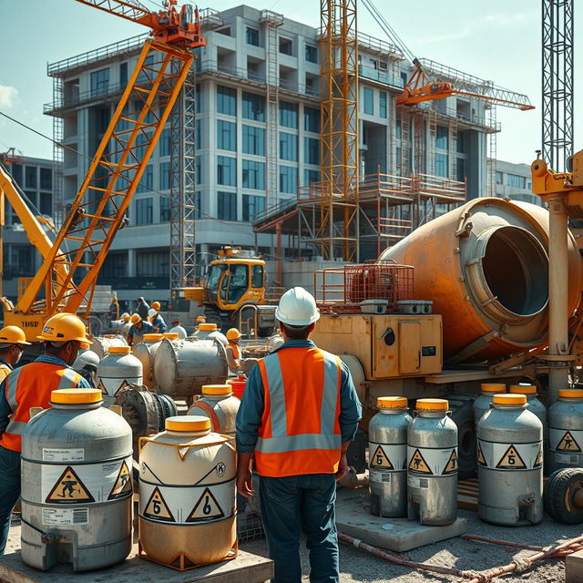 A detailed 4K image of a bustling construction site with various infrastructure elements, showcasing applied chemistry in action
