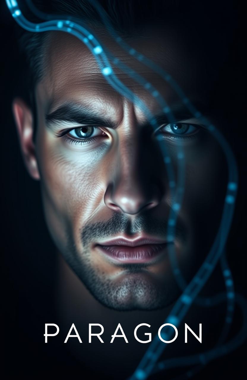 A close-up portrait of a man's face, showcasing strong features and an intense expression