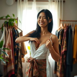 A beautiful Indonesian woman with fair skin is joyfully changing clothes in a sunlit bedroom