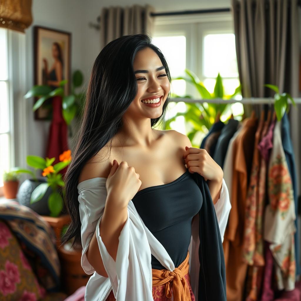 A beautiful Indonesian woman with fair skin is joyfully changing clothes in a sunlit bedroom