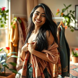 A beautiful Indonesian woman with fair skin is joyfully changing clothes in a sunlit bedroom