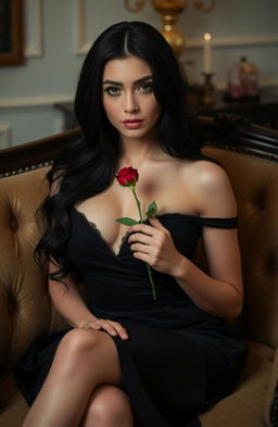 A beautiful woman with long black hair, wearing an elegant black dress, seated on a plush sofa