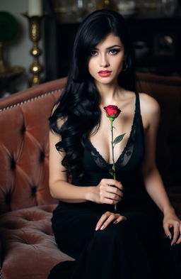 A beautiful woman with long black hair, wearing an elegant black dress, seated on a plush sofa