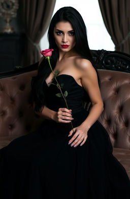 A beautiful woman with long black hair, wearing an elegant black dress, seated on a plush sofa