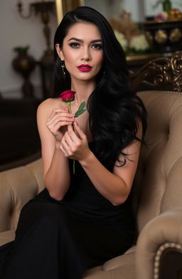 A beautiful woman with long black hair, wearing an elegant black dress, seated on a plush sofa