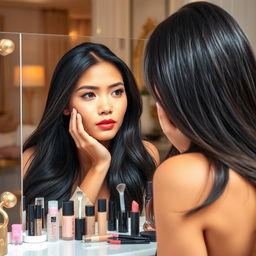 A beautiful Indonesian woman with fair skin is applying makeup in front of a vanity mirror