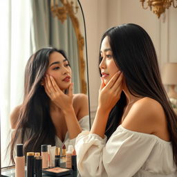 A beautiful Indonesian woman with fair skin is applying makeup in front of a vanity mirror