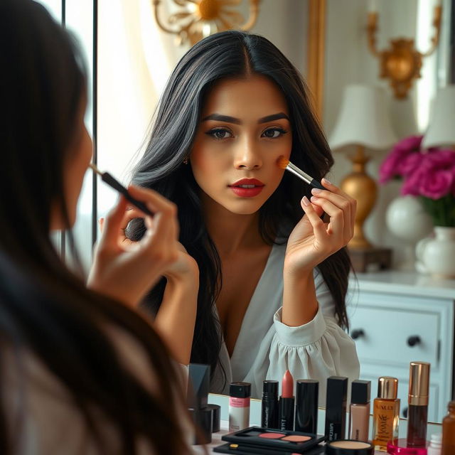 A beautiful Indonesian woman with fair skin is applying makeup in front of a vanity mirror