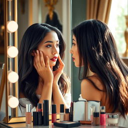 A beautiful Indonesian woman with fair skin is applying makeup in front of a vanity mirror
