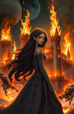 A dramatic scene of a kingdom engulfed in flames, with towering infernos illuminating the night sky