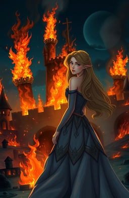 A dramatic scene of a kingdom engulfed in flames, with towering infernos illuminating the night sky