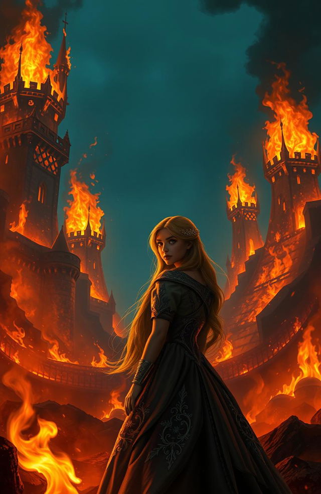 A dramatic scene of a kingdom engulfed in flames, with towering infernos illuminating the night sky