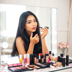 A stunning mixed Chinese-Indonesian woman with fair skin is gracefully applying makeup in front of a large, bright vanity mirror