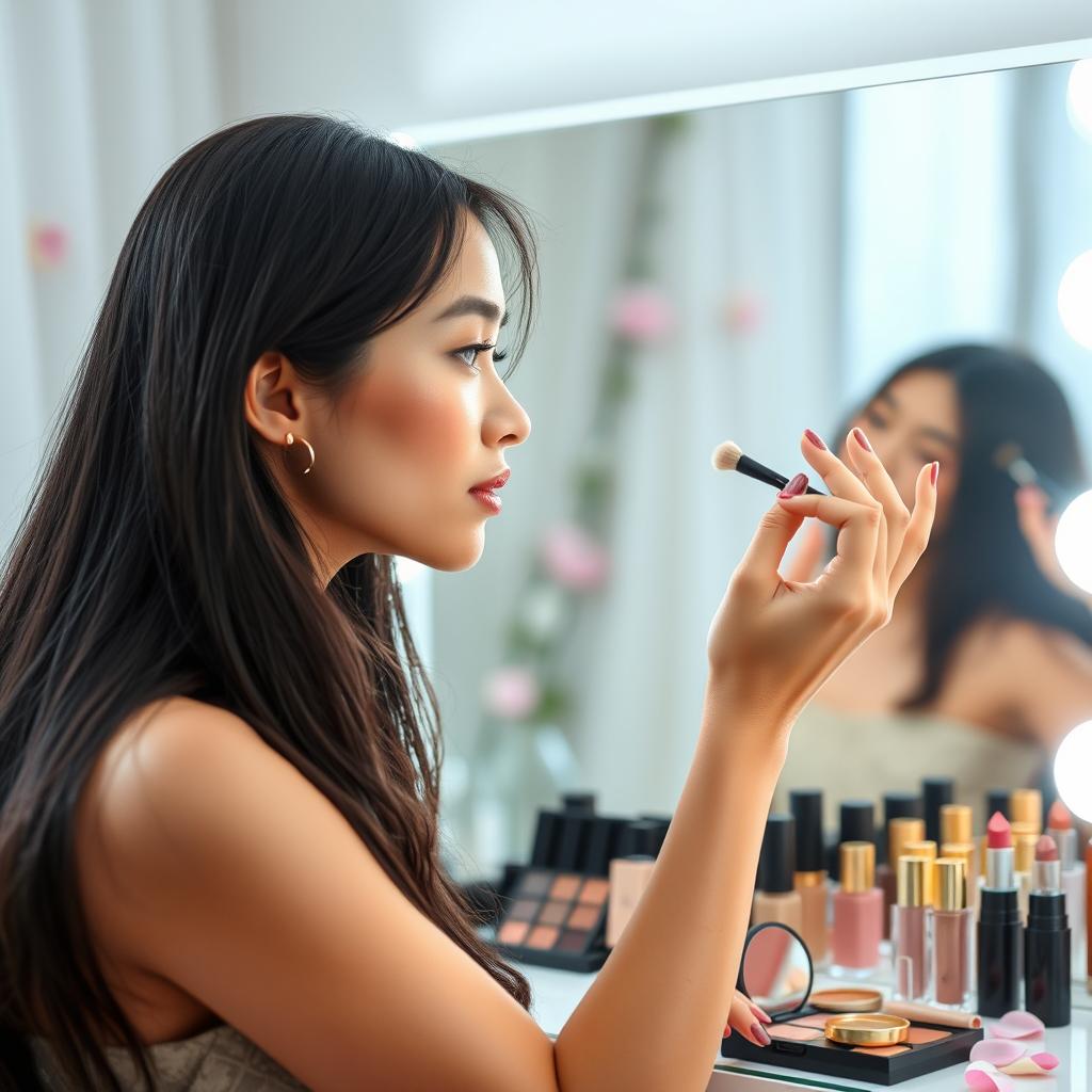 A stunning mixed Chinese-Indonesian woman with fair skin is gracefully applying makeup in front of a large, bright vanity mirror