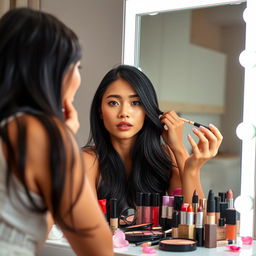 A stunning mixed Chinese-Indonesian woman with fair skin is gracefully applying makeup in front of a large, bright vanity mirror