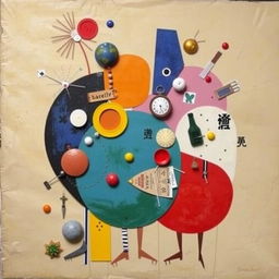 A whimsical and surreal Dada-inspired artwork featuring abstract shapes and forms
