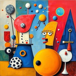 A whimsical and surreal Dada-inspired artwork featuring abstract shapes and forms