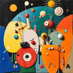 A whimsical and surreal Dada-inspired artwork featuring abstract shapes and forms