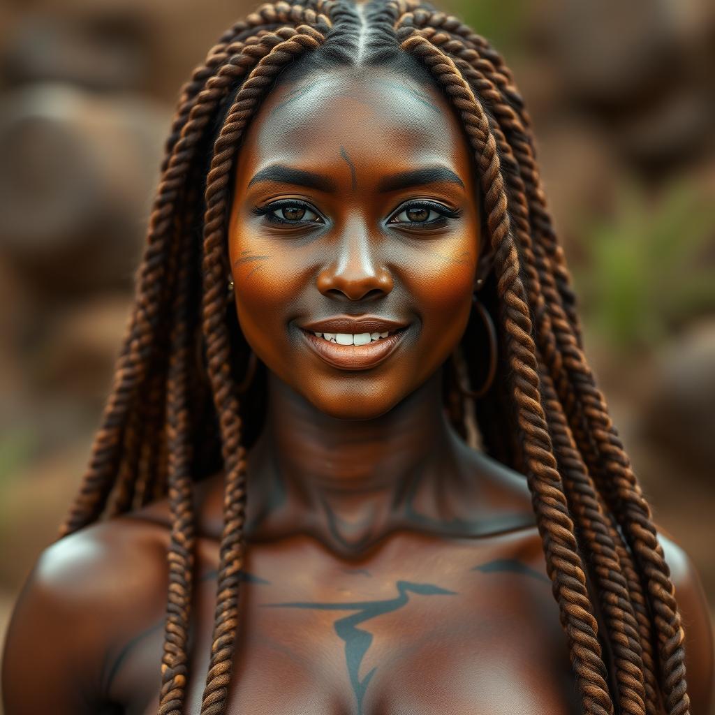 A female earth genasi depicted with skin that resembles the beautiful and lustrous tigers eye gemstone, showcasing its rich golden and brown hues