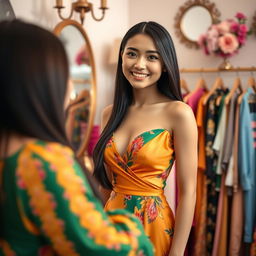 A beautiful mixed Chinese-Indonesian woman with fair skin is dressing up in a stylish and vibrant outfit