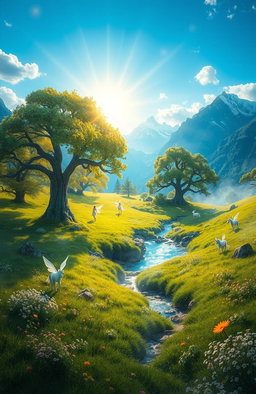 A vibrant, fantastical landscape titled 'The Truth Arcadia', featuring lush green meadows dotted with wildflowers under a bright blue sky