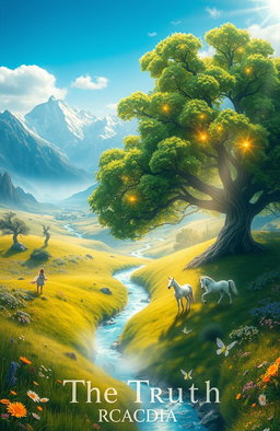 A vibrant, fantastical landscape titled 'The Truth Arcadia', featuring lush green meadows dotted with wildflowers under a bright blue sky