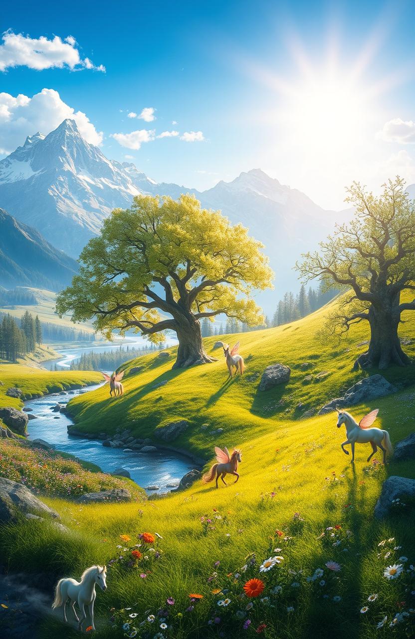 A vibrant, fantastical landscape titled 'The Truth Arcadia', featuring lush green meadows dotted with wildflowers under a bright blue sky