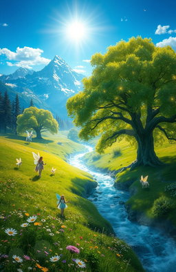 A vibrant, fantastical landscape titled 'The Truth Arcadia', featuring lush green meadows dotted with wildflowers under a bright blue sky