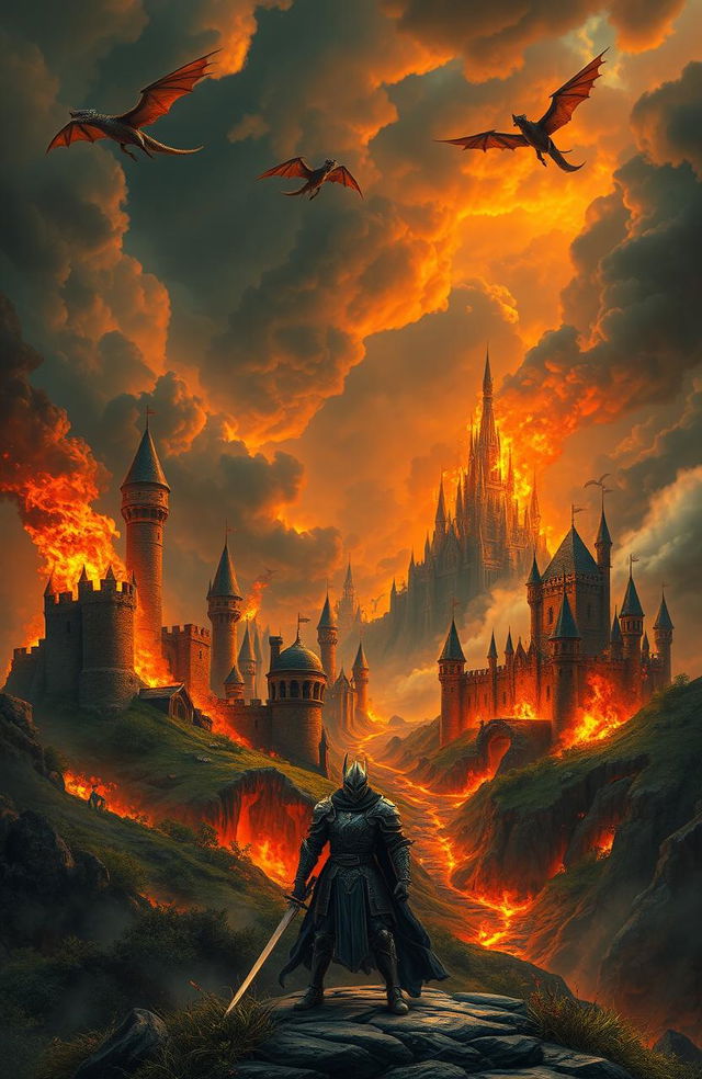 A majestic kingdom engulfed in flames, with towering castles and lush green landscapes charred by the fiery blaze