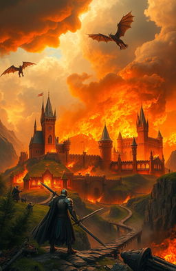 A majestic kingdom engulfed in flames, with towering castles and lush green landscapes charred by the fiery blaze