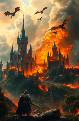 A majestic kingdom engulfed in flames, with towering castles and lush green landscapes charred by the fiery blaze