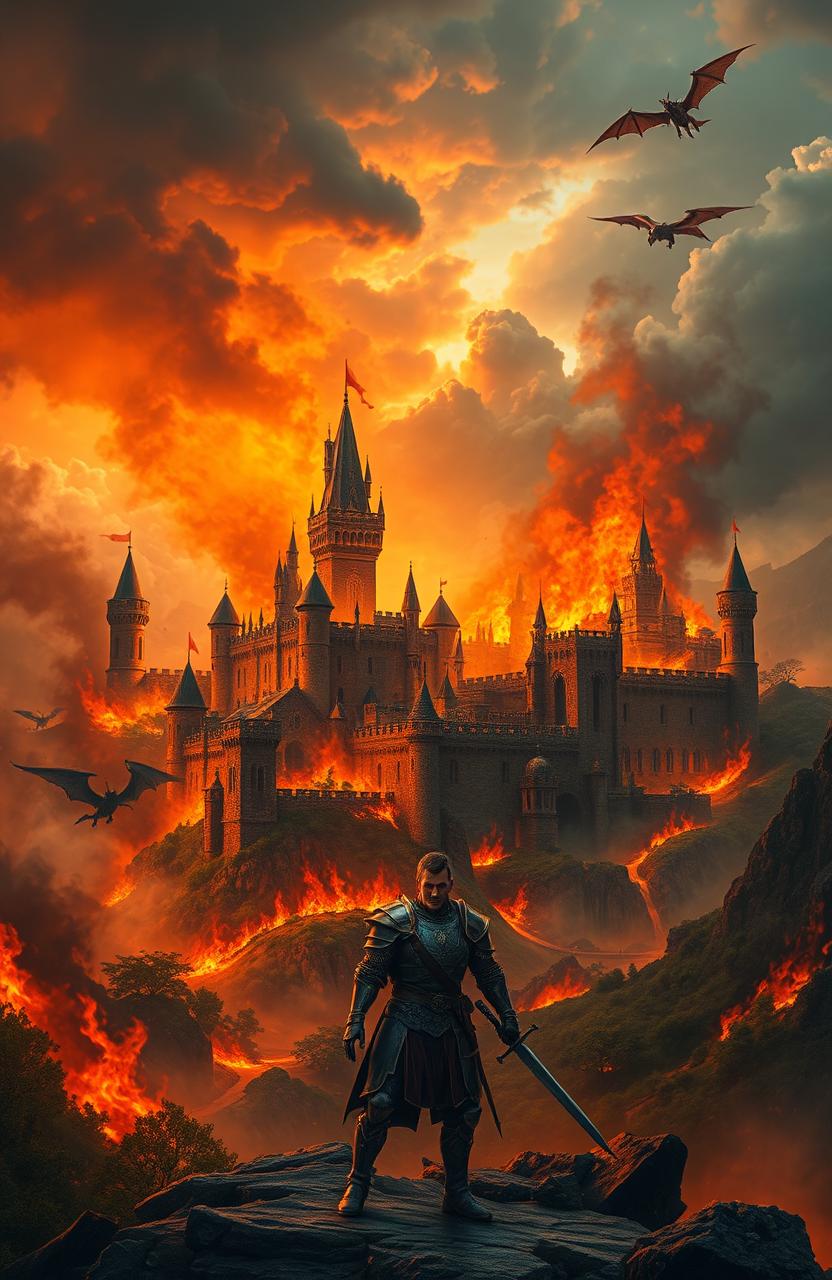 A majestic kingdom engulfed in flames, with towering castles and lush green landscapes charred by the fiery blaze