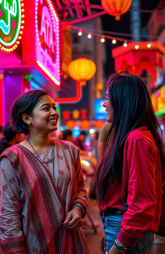 A vibrant night out scene depicting a fun evening between friends in a lively urban setting