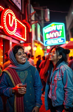 A vibrant night out scene depicting a fun evening between friends in a lively urban setting