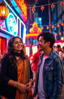 A vibrant night out scene depicting a fun evening between friends in a lively urban setting