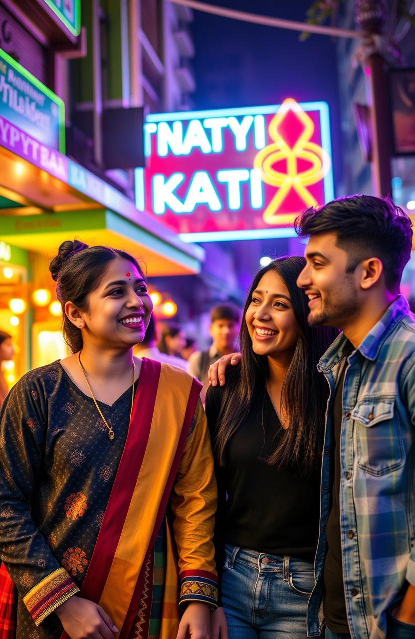A vibrant night out scene depicting a fun evening between friends in a lively urban setting