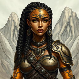 A drawing of a powerful female earth genasi, her skin gleaming like the tigers eye gemstone with stunning golden and brown swirls