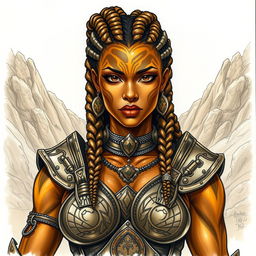 A drawing of a powerful female earth genasi, her skin gleaming like the tigers eye gemstone with stunning golden and brown swirls