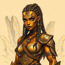 A drawing of a powerful female earth genasi, her skin gleaming like the tigers eye gemstone with stunning golden and brown swirls