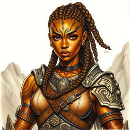 A drawing of a powerful female earth genasi, her skin gleaming like the tigers eye gemstone with stunning golden and brown swirls