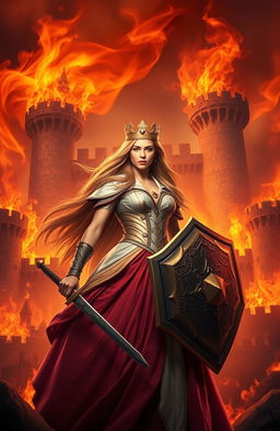 A majestic kingdom engulfed in flames, with a princess standing valiantly at the forefront