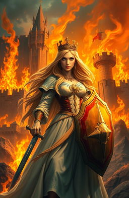 A majestic kingdom engulfed in flames, with a princess standing valiantly at the forefront