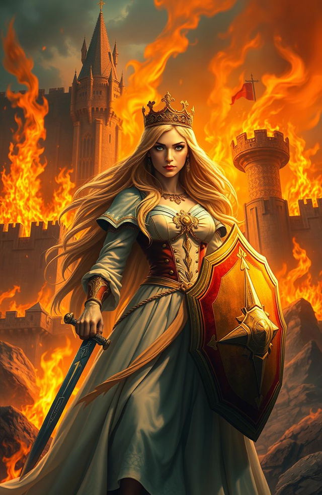 A majestic kingdom engulfed in flames, with a princess standing valiantly at the forefront