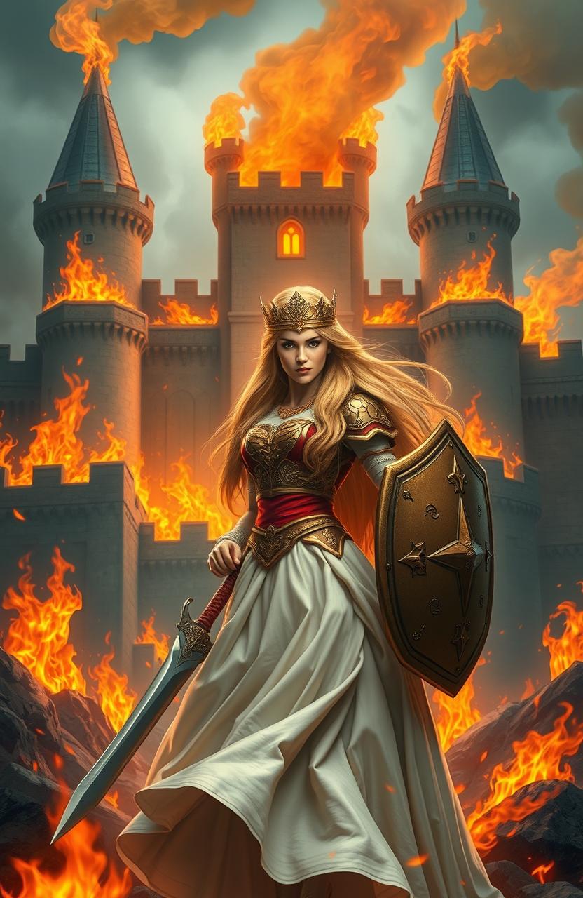 A majestic kingdom engulfed in flames, with a princess standing valiantly at the forefront